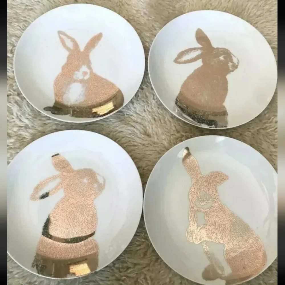 4 New PIER 1 Metallic Gold Easter Bunny Rabbit Salad Appetizer Dessert Plates